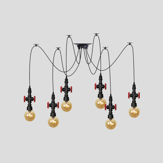 Globe Restaurant LED Multi Ceiling Light Industrial Amber Glass 2/3/6-Head Black Swag Pendant Lamp Fixture with Valve Deco Clearhalo 'Ceiling Lights' 'Glass shade' 'Glass' 'Industrial Pendants' 'Industrial' 'Middle Century Pendants' 'Pendant Lights' 'Pendants' 'Tiffany' Lighting' 738908