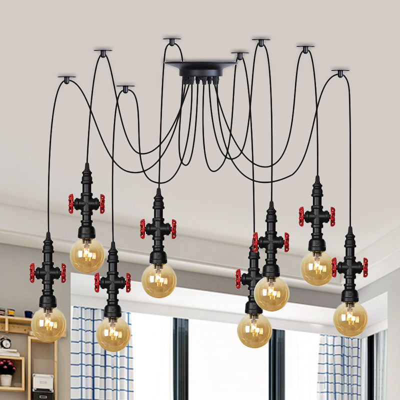 Globe Restaurant LED Multi Ceiling Light Industrial Amber Glass 2/3/6-Head Black Swag Pendant Lamp Fixture with Valve Deco 8 Black Clearhalo 'Ceiling Lights' 'Glass shade' 'Glass' 'Industrial Pendants' 'Industrial' 'Middle Century Pendants' 'Pendant Lights' 'Pendants' 'Tiffany' Lighting' 738910