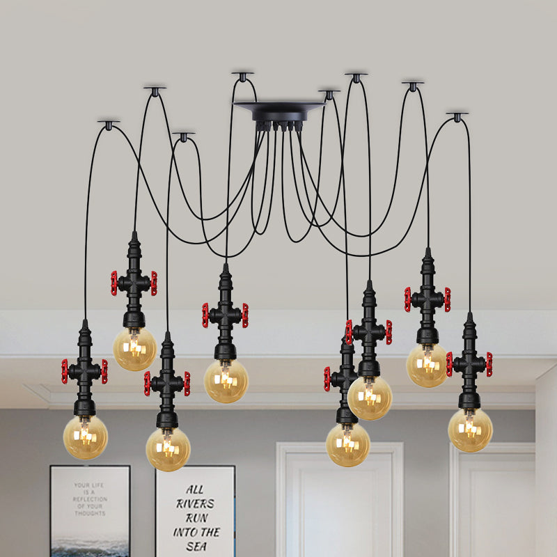 Globe Restaurant LED Multi Ceiling Light Industrial Amber Glass 2/3/6-Head Black Swag Pendant Lamp Fixture with Valve Deco Clearhalo 'Ceiling Lights' 'Glass shade' 'Glass' 'Industrial Pendants' 'Industrial' 'Middle Century Pendants' 'Pendant Lights' 'Pendants' 'Tiffany' Lighting' 738911