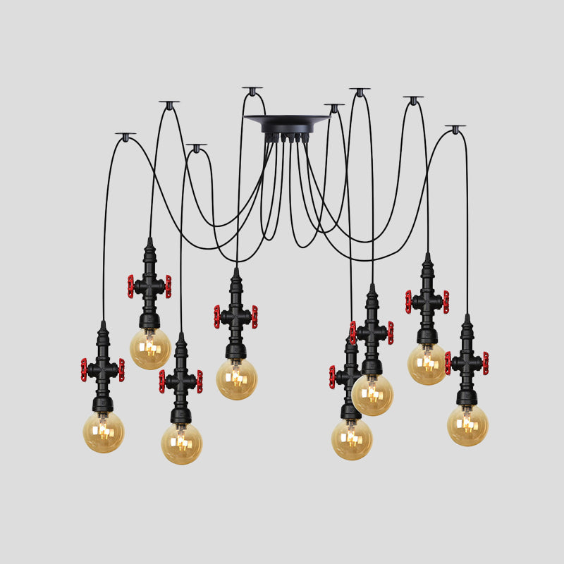 Globe Restaurant LED Multi Ceiling Light Industrial Amber Glass 2/3/6-Head Black Swag Pendant Lamp Fixture with Valve Deco Clearhalo 'Ceiling Lights' 'Glass shade' 'Glass' 'Industrial Pendants' 'Industrial' 'Middle Century Pendants' 'Pendant Lights' 'Pendants' 'Tiffany' Lighting' 738913