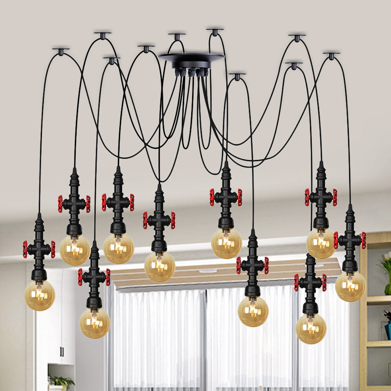 Globe Restaurant LED Multi Ceiling Light Industrial Amber Glass 2/3/6-Head Black Swag Pendant Lamp Fixture with Valve Deco 10 Black Clearhalo 'Ceiling Lights' 'Glass shade' 'Glass' 'Industrial Pendants' 'Industrial' 'Middle Century Pendants' 'Pendant Lights' 'Pendants' 'Tiffany' Lighting' 738915