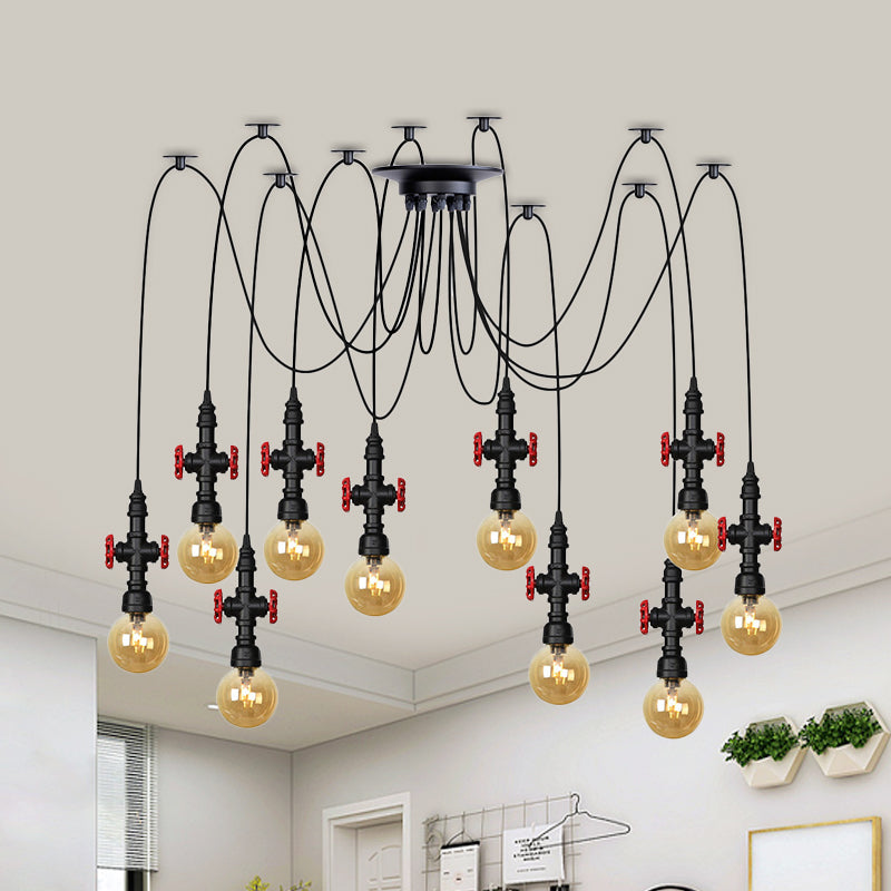 Globe Restaurant LED Multi Ceiling Light Industrial Amber Glass 2/3/6-Head Black Swag Pendant Lamp Fixture with Valve Deco Clearhalo 'Ceiling Lights' 'Glass shade' 'Glass' 'Industrial Pendants' 'Industrial' 'Middle Century Pendants' 'Pendant Lights' 'Pendants' 'Tiffany' Lighting' 738916