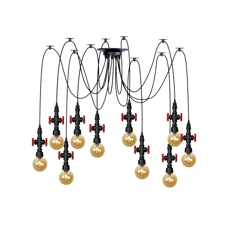 Globe Restaurant LED Multi Ceiling Light Industrial Amber Glass 2/3/6-Head Black Swag Pendant Lamp Fixture with Valve Deco Clearhalo 'Ceiling Lights' 'Glass shade' 'Glass' 'Industrial Pendants' 'Industrial' 'Middle Century Pendants' 'Pendant Lights' 'Pendants' 'Tiffany' Lighting' 738917
