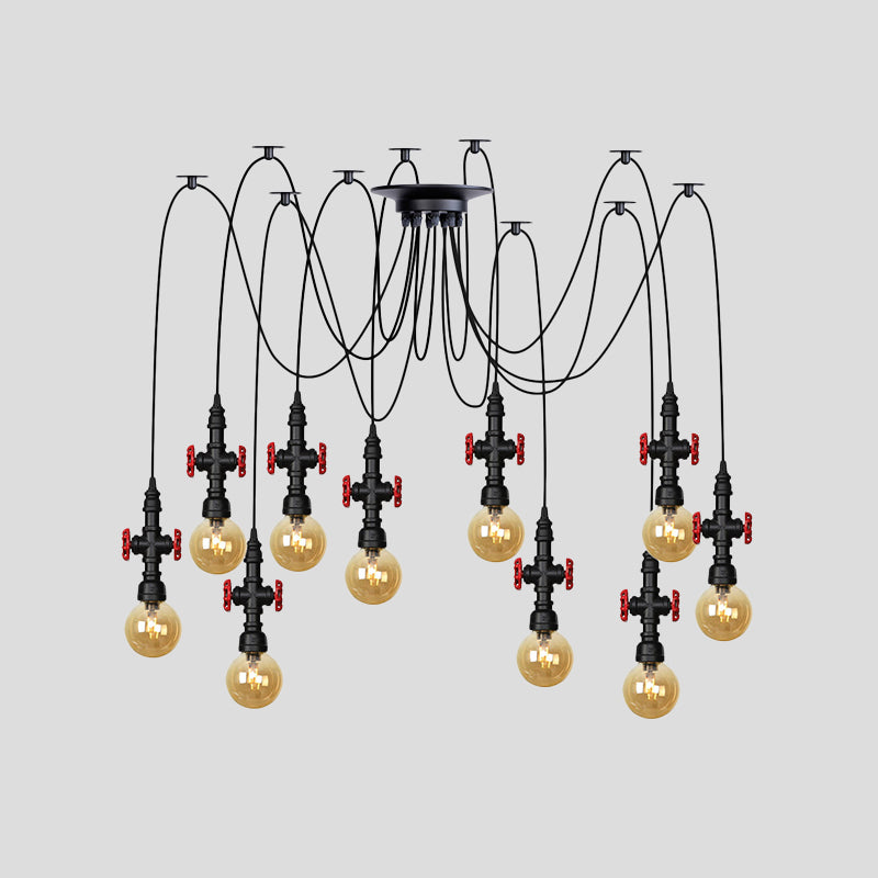 Globe Restaurant LED Multi Ceiling Light Industrial Amber Glass 2/3/6-Head Black Swag Pendant Lamp Fixture with Valve Deco Clearhalo 'Ceiling Lights' 'Glass shade' 'Glass' 'Industrial Pendants' 'Industrial' 'Middle Century Pendants' 'Pendant Lights' 'Pendants' 'Tiffany' Lighting' 738918