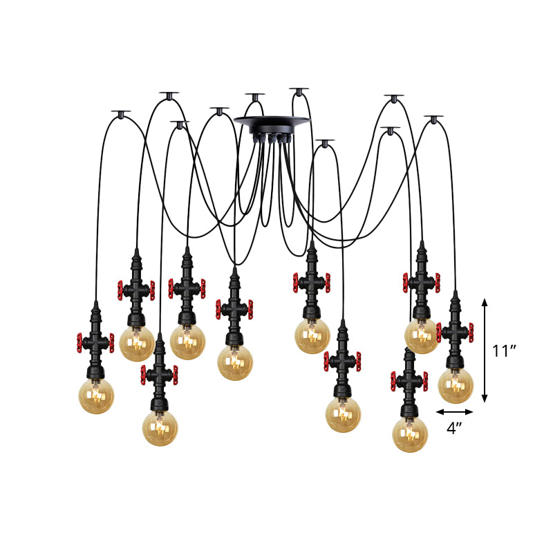 Globe Restaurant LED Multi Ceiling Light Industrial Amber Glass 2/3/6-Head Black Swag Pendant Lamp Fixture with Valve Deco Clearhalo 'Ceiling Lights' 'Glass shade' 'Glass' 'Industrial Pendants' 'Industrial' 'Middle Century Pendants' 'Pendant Lights' 'Pendants' 'Tiffany' Lighting' 738919