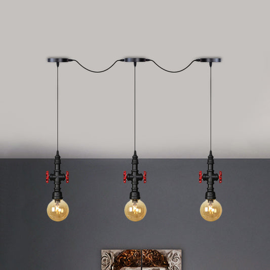 Antiqued Sphere Multi Light Chandelier 3/5/7-Bulb Amber Glass Tandem LED Suspension Pendant in Black 3 Black Clearhalo 'Ceiling Lights' 'Glass shade' 'Glass' 'Industrial Pendants' 'Industrial' 'Middle Century Pendants' 'Pendant Lights' 'Pendants' 'Tiffany' Lighting' 738920