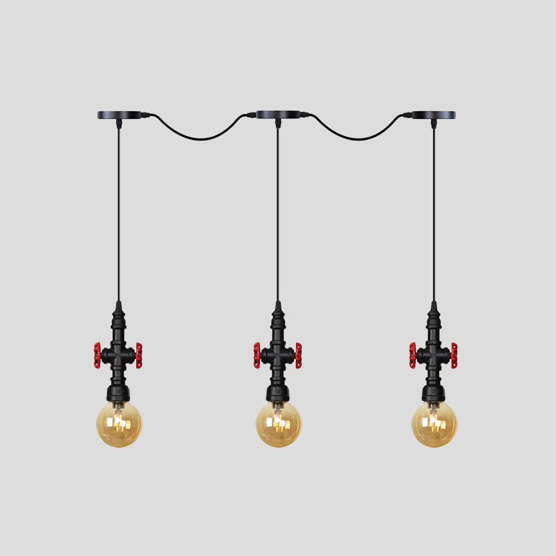 Antiqued Sphere Multi Light Chandelier 3/5/7-Bulb Amber Glass Tandem LED Suspension Pendant in Black Clearhalo 'Ceiling Lights' 'Glass shade' 'Glass' 'Industrial Pendants' 'Industrial' 'Middle Century Pendants' 'Pendant Lights' 'Pendants' 'Tiffany' Lighting' 738922