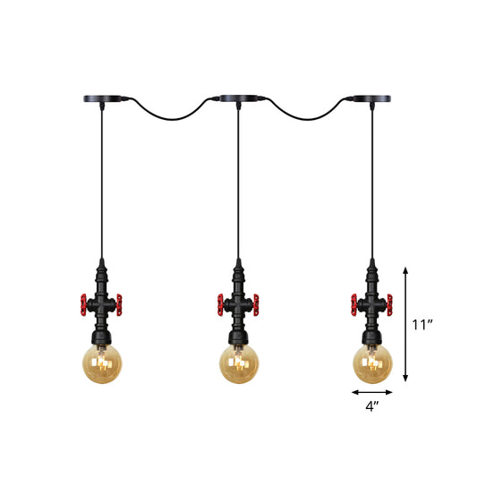 Antiqued Sphere Multi Light Chandelier 3/5/7-Bulb Amber Glass Tandem LED Suspension Pendant in Black Clearhalo 'Ceiling Lights' 'Glass shade' 'Glass' 'Industrial Pendants' 'Industrial' 'Middle Century Pendants' 'Pendant Lights' 'Pendants' 'Tiffany' Lighting' 738923