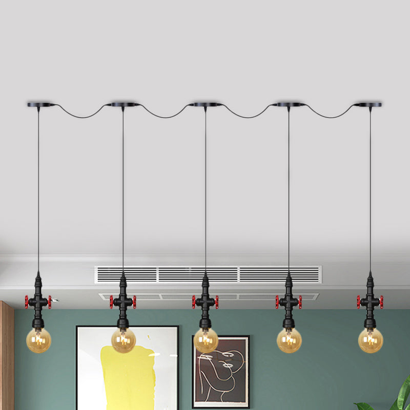 Antiqued Sphere Multi Light Chandelier 3/5/7-Bulb Amber Glass Tandem LED Suspension Pendant in Black 5 Black Clearhalo 'Ceiling Lights' 'Glass shade' 'Glass' 'Industrial Pendants' 'Industrial' 'Middle Century Pendants' 'Pendant Lights' 'Pendants' 'Tiffany' Lighting' 738924