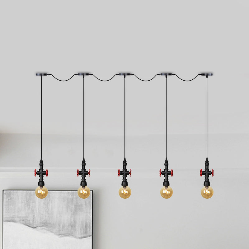 Antiqued Sphere Multi Light Chandelier 3/5/7-Bulb Amber Glass Tandem LED Suspension Pendant in Black Clearhalo 'Ceiling Lights' 'Glass shade' 'Glass' 'Industrial Pendants' 'Industrial' 'Middle Century Pendants' 'Pendant Lights' 'Pendants' 'Tiffany' Lighting' 738925