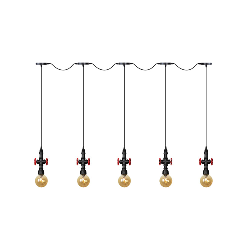 Antiqued Sphere Multi Light Chandelier 3/5/7-Bulb Amber Glass Tandem LED Suspension Pendant in Black Clearhalo 'Ceiling Lights' 'Glass shade' 'Glass' 'Industrial Pendants' 'Industrial' 'Middle Century Pendants' 'Pendant Lights' 'Pendants' 'Tiffany' Lighting' 738926