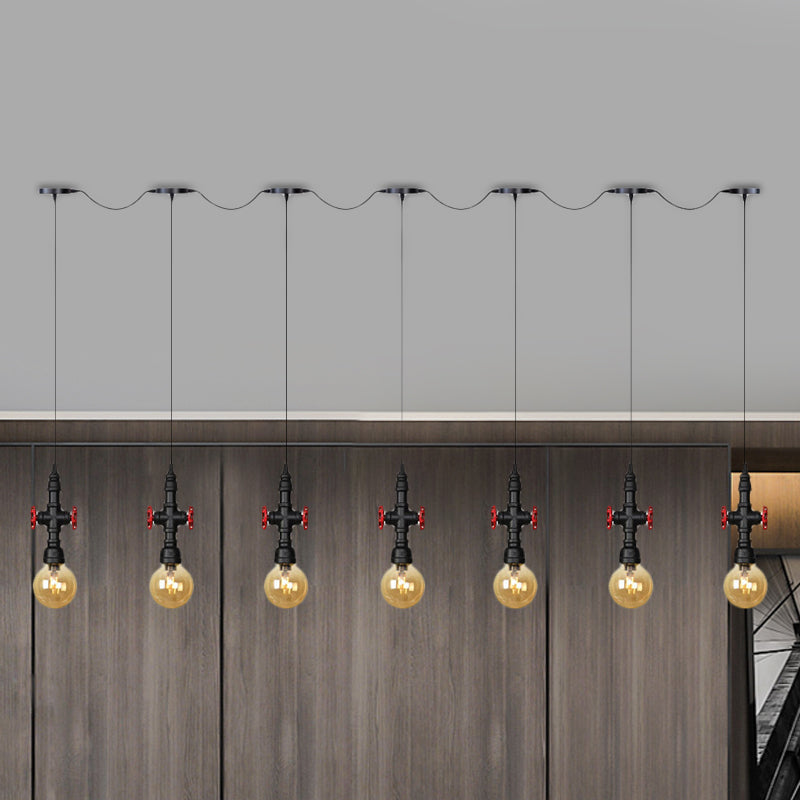 Antiqued Sphere Multi Light Chandelier 3/5/7-Bulb Amber Glass Tandem LED Suspension Pendant in Black 7 Black Clearhalo 'Ceiling Lights' 'Glass shade' 'Glass' 'Industrial Pendants' 'Industrial' 'Middle Century Pendants' 'Pendant Lights' 'Pendants' 'Tiffany' Lighting' 738929