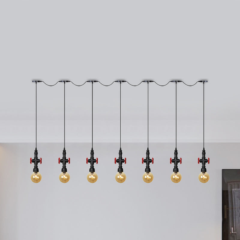 Antiqued Sphere Multi Light Chandelier 3/5/7-Bulb Amber Glass Tandem LED Suspension Pendant in Black Clearhalo 'Ceiling Lights' 'Glass shade' 'Glass' 'Industrial Pendants' 'Industrial' 'Middle Century Pendants' 'Pendant Lights' 'Pendants' 'Tiffany' Lighting' 738930