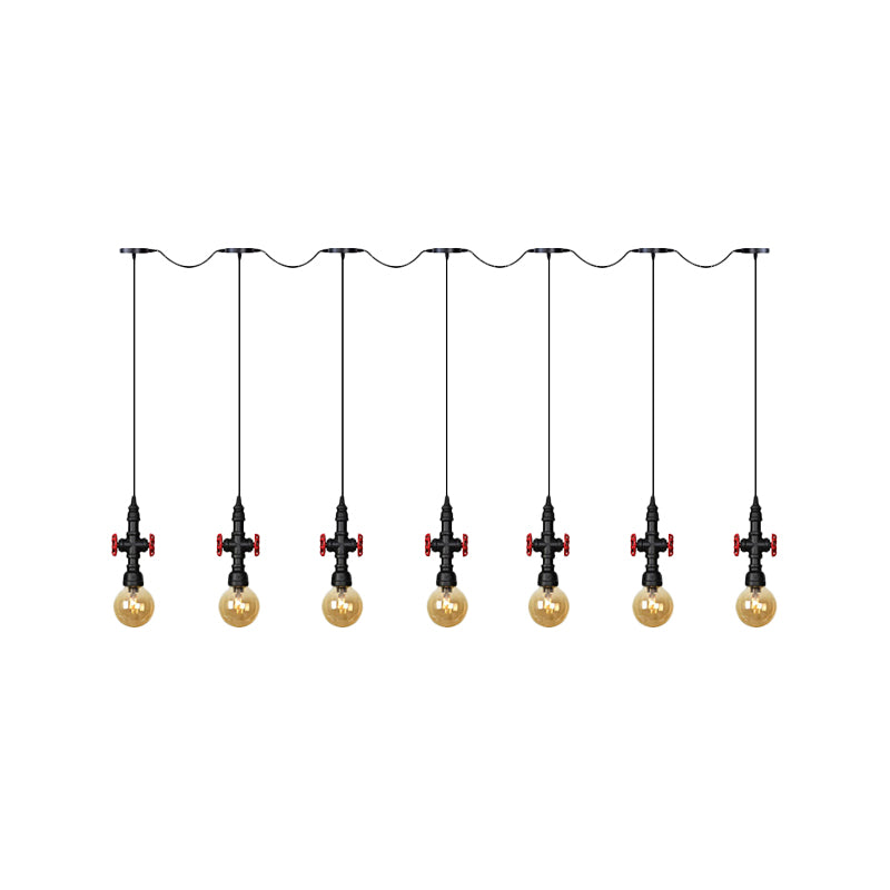 Antiqued Sphere Multi Light Chandelier 3/5/7-Bulb Amber Glass Tandem LED Suspension Pendant in Black Clearhalo 'Ceiling Lights' 'Glass shade' 'Glass' 'Industrial Pendants' 'Industrial' 'Middle Century Pendants' 'Pendant Lights' 'Pendants' 'Tiffany' Lighting' 738931