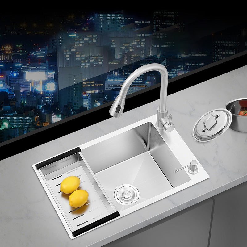Contemporary Style Kitchen Sink Soundproof Design Kitchen Sink with Overflow Hole 25"L x 16"W x 9"H Sink with Faucet Pull Out Faucet Clearhalo 'Home Improvement' 'home_improvement' 'home_improvement_kitchen_sinks' 'Kitchen Remodel & Kitchen Fixtures' 'Kitchen Sinks & Faucet Components' 'Kitchen Sinks' 'kitchen_sinks' 7389313