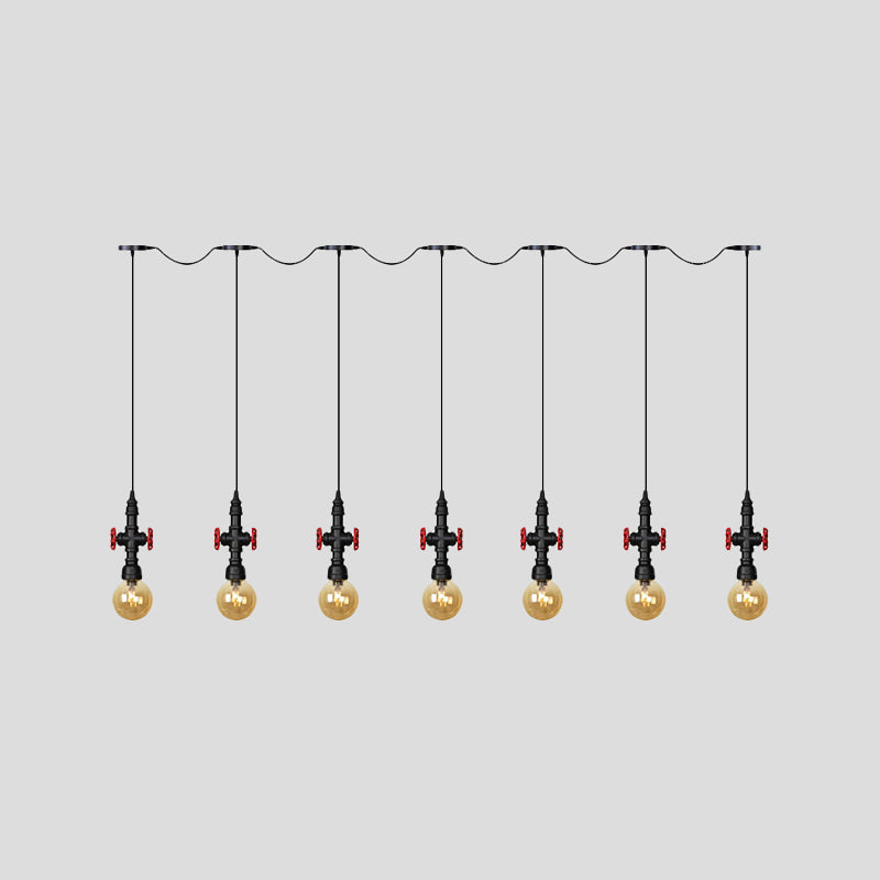 Antiqued Sphere Multi Light Chandelier 3/5/7-Bulb Amber Glass Tandem LED Suspension Pendant in Black Clearhalo 'Ceiling Lights' 'Glass shade' 'Glass' 'Industrial Pendants' 'Industrial' 'Middle Century Pendants' 'Pendant Lights' 'Pendants' 'Tiffany' Lighting' 738932