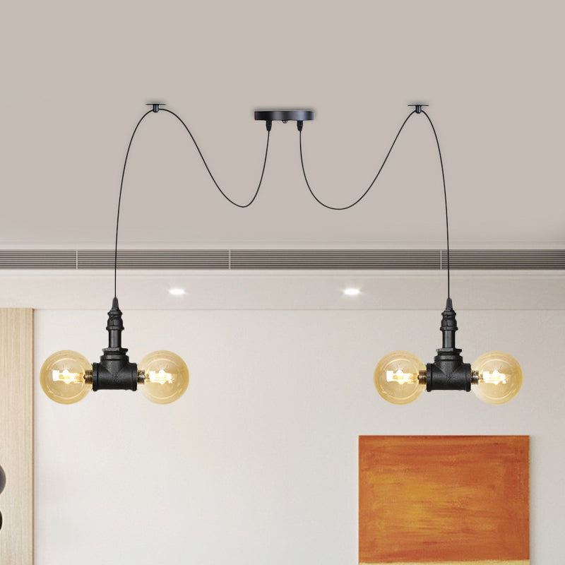 4/6/12 Bulbs Multi Hanging Light Fixture Industrial Orb Amber Glass Swag Ceiling Pendant Lamp in Black 4 Black Clearhalo 'Ceiling Lights' 'Glass shade' 'Glass' 'Industrial Pendants' 'Industrial' 'Middle Century Pendants' 'Pendant Lights' 'Pendants' 'Tiffany' Lighting' 738934