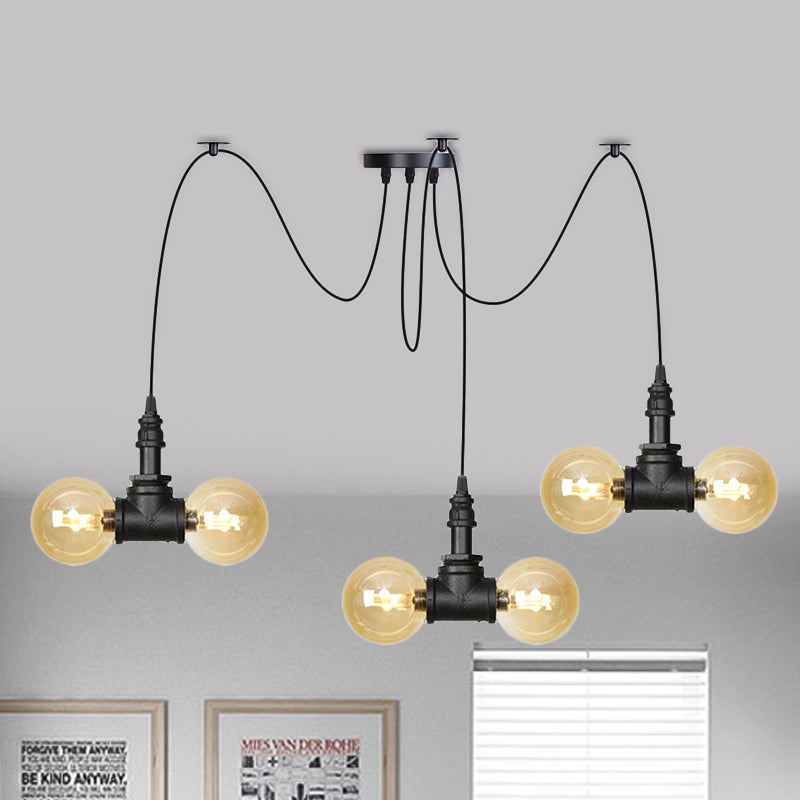 4/6/12 Bulbs Multi Hanging Light Fixture Industrial Orb Amber Glass Swag Ceiling Pendant Lamp in Black 6 Black Clearhalo 'Ceiling Lights' 'Glass shade' 'Glass' 'Industrial Pendants' 'Industrial' 'Middle Century Pendants' 'Pendant Lights' 'Pendants' 'Tiffany' Lighting' 738938