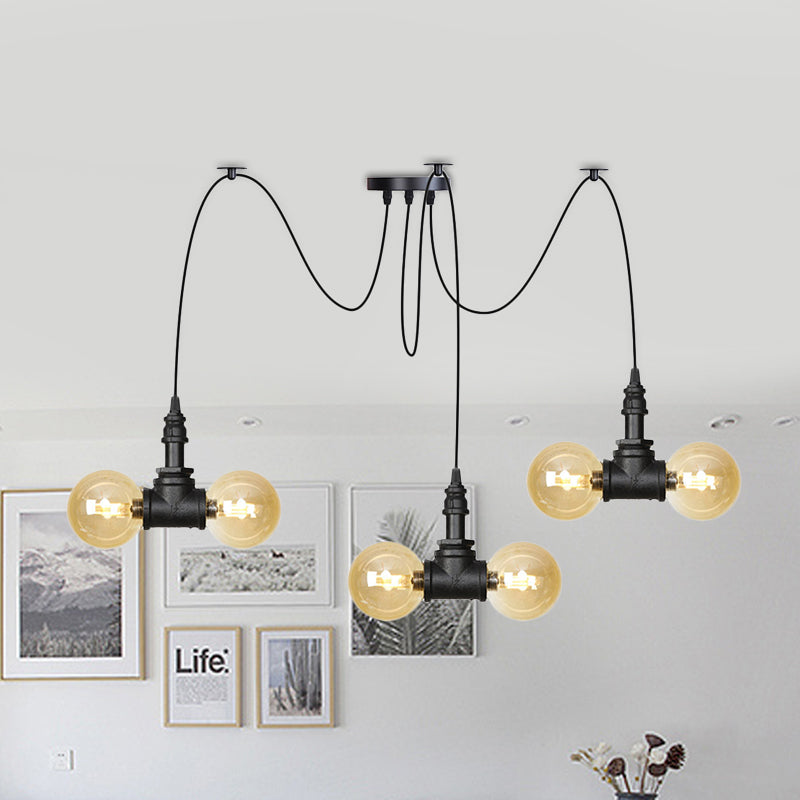 4/6/12 Bulbs Multi Hanging Light Fixture Industrial Orb Amber Glass Swag Ceiling Pendant Lamp in Black Clearhalo 'Ceiling Lights' 'Glass shade' 'Glass' 'Industrial Pendants' 'Industrial' 'Middle Century Pendants' 'Pendant Lights' 'Pendants' 'Tiffany' Lighting' 738939
