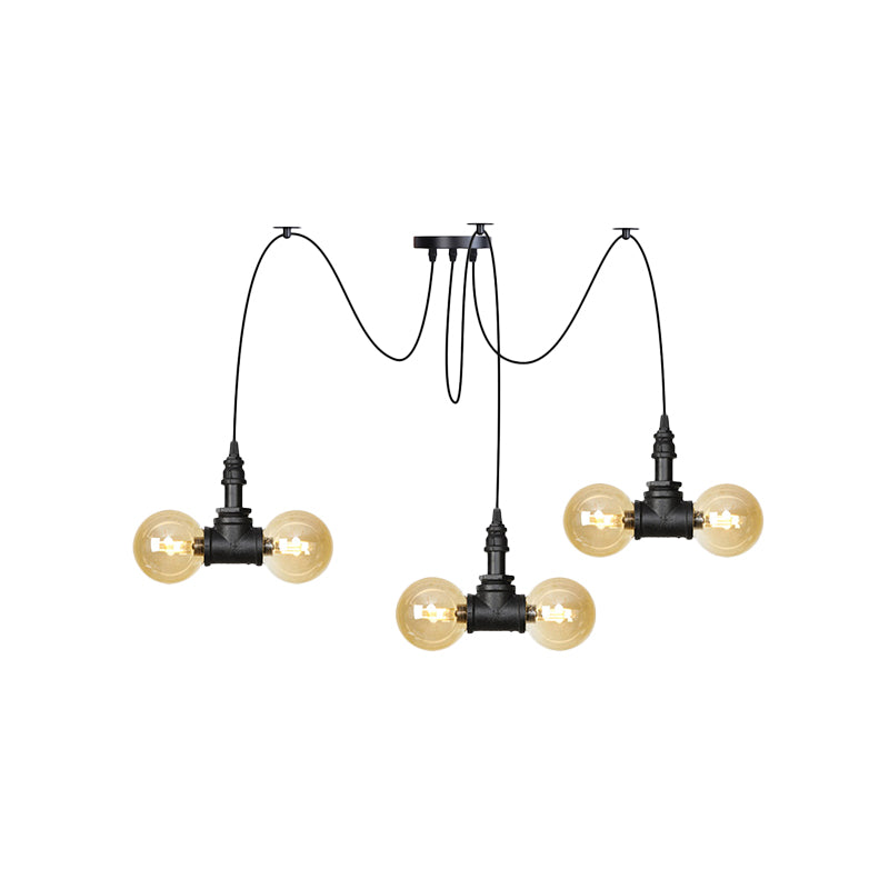 4/6/12 Bulbs Multi Hanging Light Fixture Industrial Orb Amber Glass Swag Ceiling Pendant Lamp in Black Clearhalo 'Ceiling Lights' 'Glass shade' 'Glass' 'Industrial Pendants' 'Industrial' 'Middle Century Pendants' 'Pendant Lights' 'Pendants' 'Tiffany' Lighting' 738940