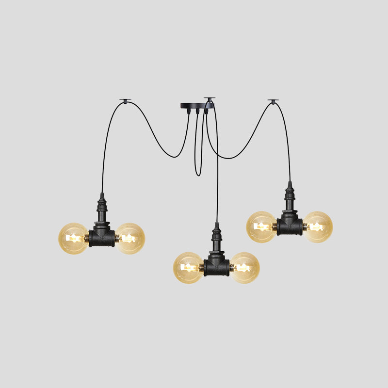 4/6/12 Bulbs Multi Hanging Light Fixture Industrial Orb Amber Glass Swag Ceiling Pendant Lamp in Black Clearhalo 'Ceiling Lights' 'Glass shade' 'Glass' 'Industrial Pendants' 'Industrial' 'Middle Century Pendants' 'Pendant Lights' 'Pendants' 'Tiffany' Lighting' 738941