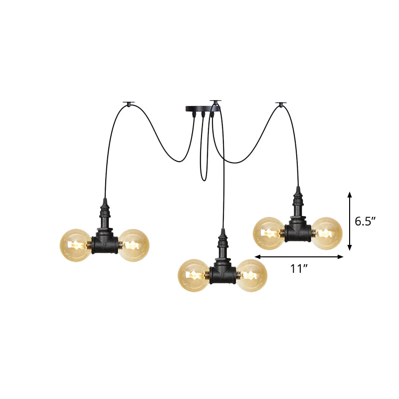 4/6/12 Bulbs Multi Hanging Light Fixture Industrial Orb Amber Glass Swag Ceiling Pendant Lamp in Black Clearhalo 'Ceiling Lights' 'Glass shade' 'Glass' 'Industrial Pendants' 'Industrial' 'Middle Century Pendants' 'Pendant Lights' 'Pendants' 'Tiffany' Lighting' 738942