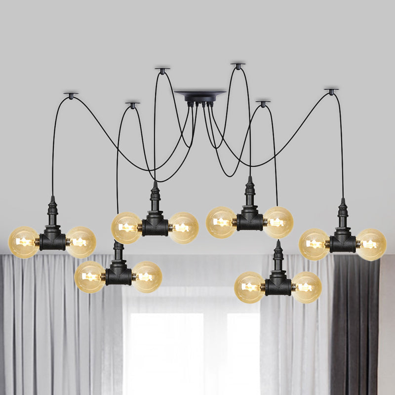 4/6/12 Bulbs Multi Hanging Light Fixture Industrial Orb Amber Glass Swag Ceiling Pendant Lamp in Black 12 Black Clearhalo 'Ceiling Lights' 'Glass shade' 'Glass' 'Industrial Pendants' 'Industrial' 'Middle Century Pendants' 'Pendant Lights' 'Pendants' 'Tiffany' Lighting' 738943