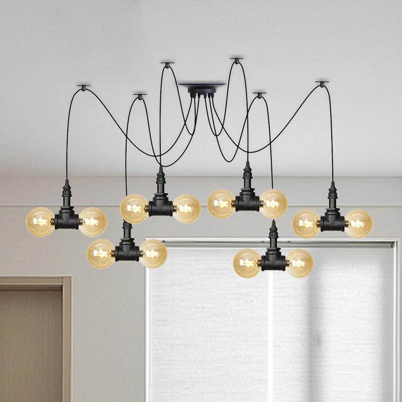 4/6/12 Bulbs Multi Hanging Light Fixture Industrial Orb Amber Glass Swag Ceiling Pendant Lamp in Black Clearhalo 'Ceiling Lights' 'Glass shade' 'Glass' 'Industrial Pendants' 'Industrial' 'Middle Century Pendants' 'Pendant Lights' 'Pendants' 'Tiffany' Lighting' 738944