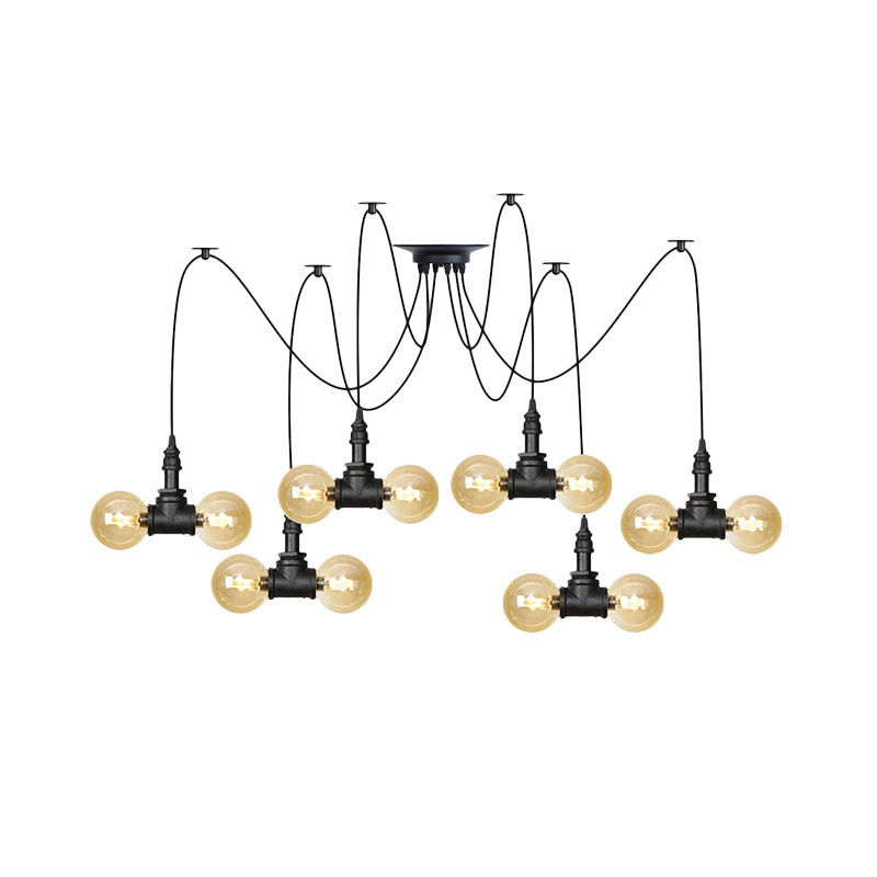 4/6/12 Bulbs Multi Hanging Light Fixture Industrial Orb Amber Glass Swag Ceiling Pendant Lamp in Black Clearhalo 'Ceiling Lights' 'Glass shade' 'Glass' 'Industrial Pendants' 'Industrial' 'Middle Century Pendants' 'Pendant Lights' 'Pendants' 'Tiffany' Lighting' 738945