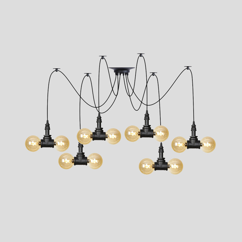 4/6/12 Bulbs Multi Hanging Light Fixture Industrial Orb Amber Glass Swag Ceiling Pendant Lamp in Black Clearhalo 'Ceiling Lights' 'Glass shade' 'Glass' 'Industrial Pendants' 'Industrial' 'Middle Century Pendants' 'Pendant Lights' 'Pendants' 'Tiffany' Lighting' 738946