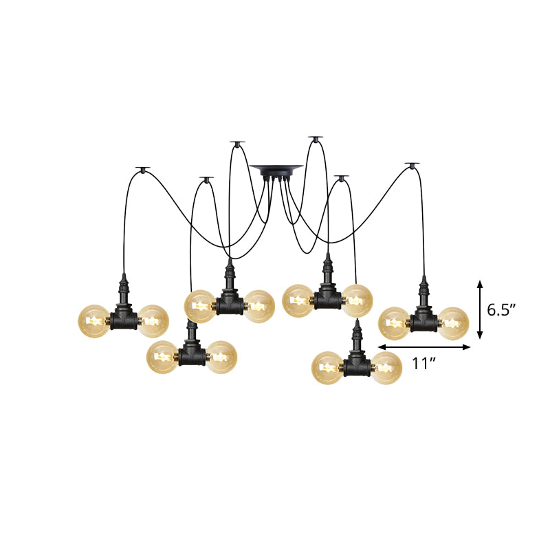 4/6/12 Bulbs Multi Hanging Light Fixture Industrial Orb Amber Glass Swag Ceiling Pendant Lamp in Black Clearhalo 'Ceiling Lights' 'Glass shade' 'Glass' 'Industrial Pendants' 'Industrial' 'Middle Century Pendants' 'Pendant Lights' 'Pendants' 'Tiffany' Lighting' 738947