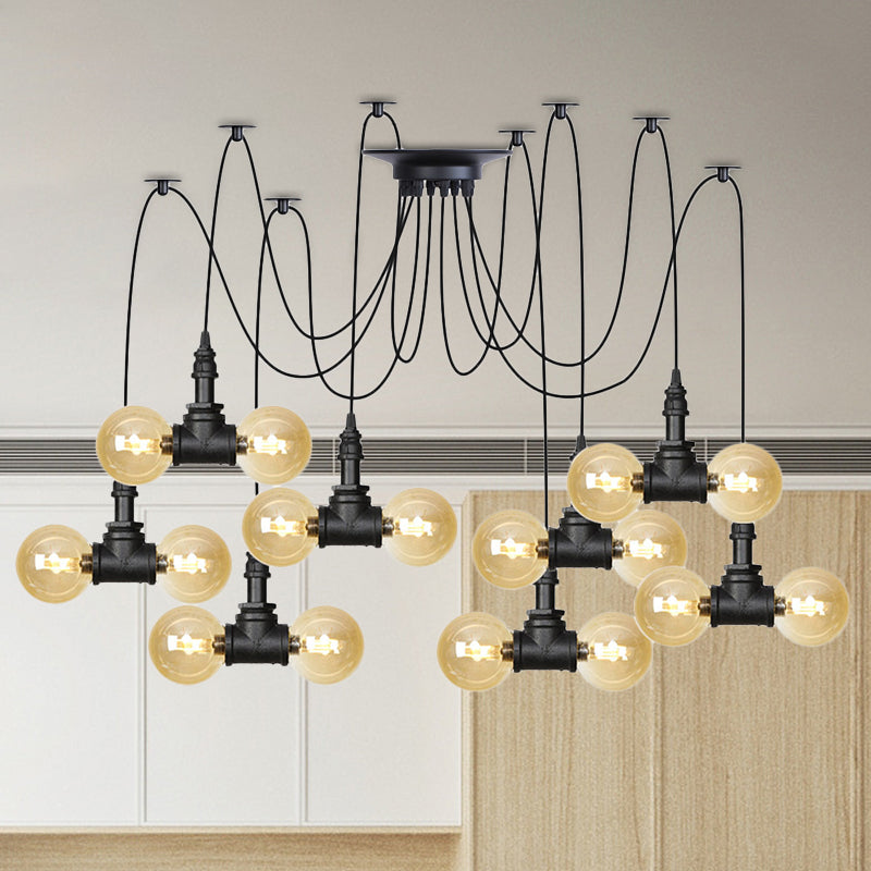 4/6/12 Bulbs Multi Hanging Light Fixture Industrial Orb Amber Glass Swag Ceiling Pendant Lamp in Black 16 Black Clearhalo 'Ceiling Lights' 'Glass shade' 'Glass' 'Industrial Pendants' 'Industrial' 'Middle Century Pendants' 'Pendant Lights' 'Pendants' 'Tiffany' Lighting' 738948