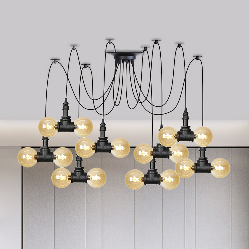 4/6/12 Bulbs Multi Hanging Light Fixture Industrial Orb Amber Glass Swag Ceiling Pendant Lamp in Black Clearhalo 'Ceiling Lights' 'Glass shade' 'Glass' 'Industrial Pendants' 'Industrial' 'Middle Century Pendants' 'Pendant Lights' 'Pendants' 'Tiffany' Lighting' 738949