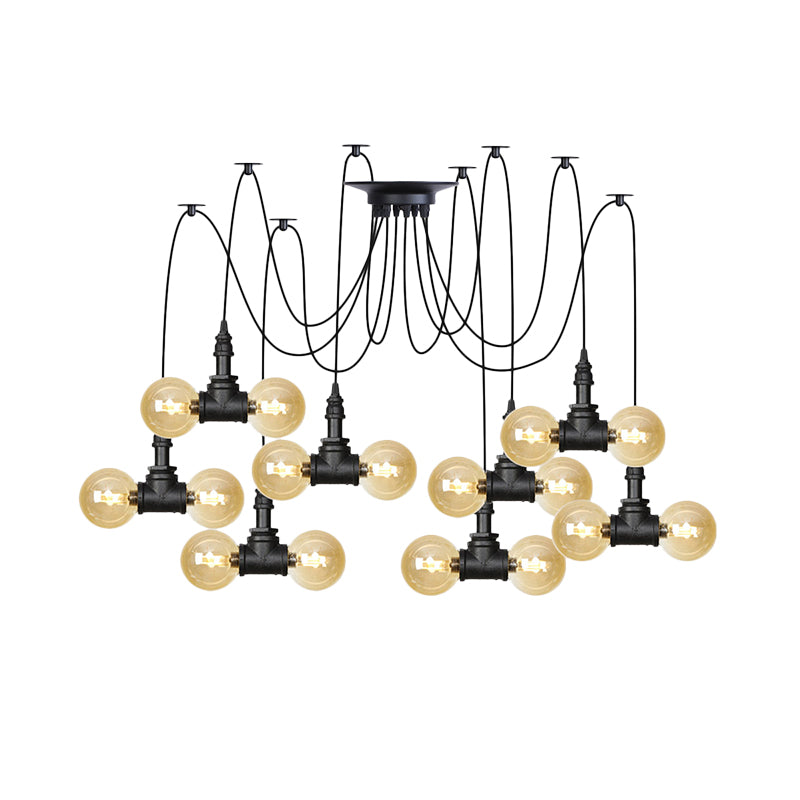 4/6/12 Bulbs Multi Hanging Light Fixture Industrial Orb Amber Glass Swag Ceiling Pendant Lamp in Black Clearhalo 'Ceiling Lights' 'Glass shade' 'Glass' 'Industrial Pendants' 'Industrial' 'Middle Century Pendants' 'Pendant Lights' 'Pendants' 'Tiffany' Lighting' 738950