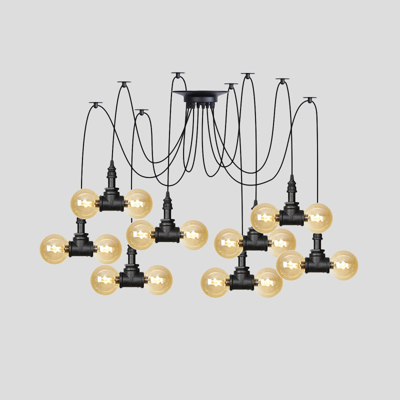 4/6/12 Bulbs Multi Hanging Light Fixture Industrial Orb Amber Glass Swag Ceiling Pendant Lamp in Black Clearhalo 'Ceiling Lights' 'Glass shade' 'Glass' 'Industrial Pendants' 'Industrial' 'Middle Century Pendants' 'Pendant Lights' 'Pendants' 'Tiffany' Lighting' 738951