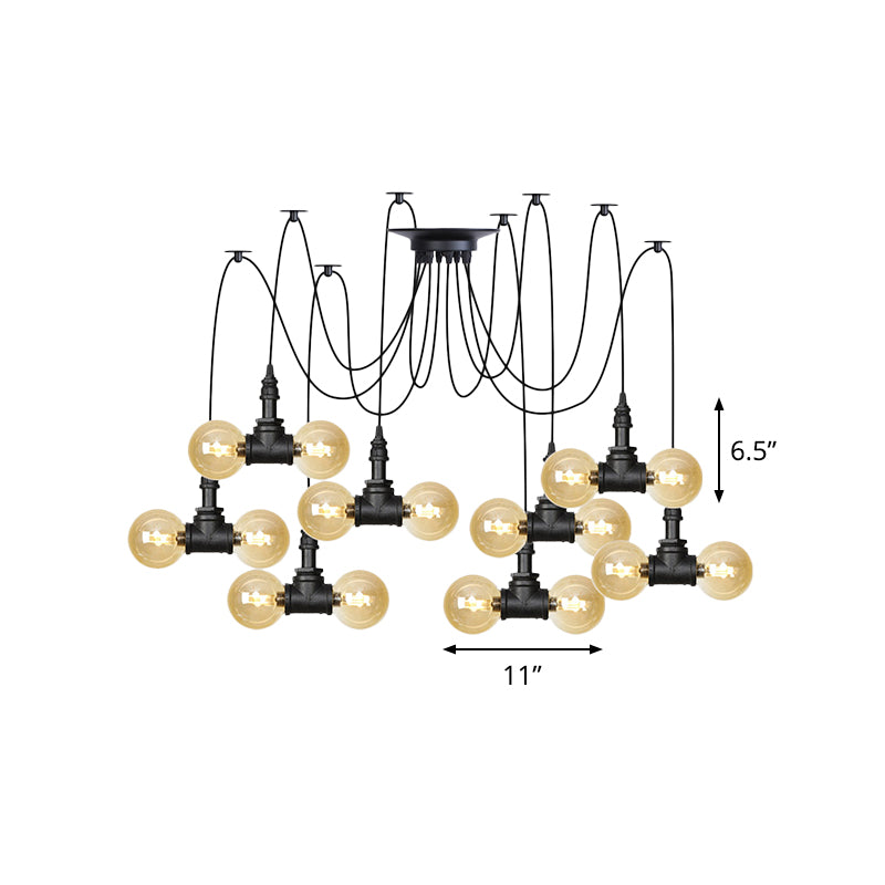 4/6/12 Bulbs Multi Hanging Light Fixture Industrial Orb Amber Glass Swag Ceiling Pendant Lamp in Black Clearhalo 'Ceiling Lights' 'Glass shade' 'Glass' 'Industrial Pendants' 'Industrial' 'Middle Century Pendants' 'Pendant Lights' 'Pendants' 'Tiffany' Lighting' 738952