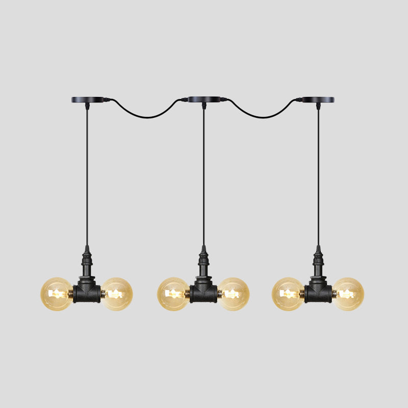 Black 6/10/14 Heads Multi Light Pendant Vintage Amber Glass Ball Tandem LED Suspension Lamp Clearhalo 'Ceiling Lights' 'Close To Ceiling Lights' 'Glass shade' 'Glass' 'Industrial Pendants' 'Industrial' 'Middle Century Pendants' 'Pendant Lights' 'Pendants' 'Tiffany' Lighting' 738955