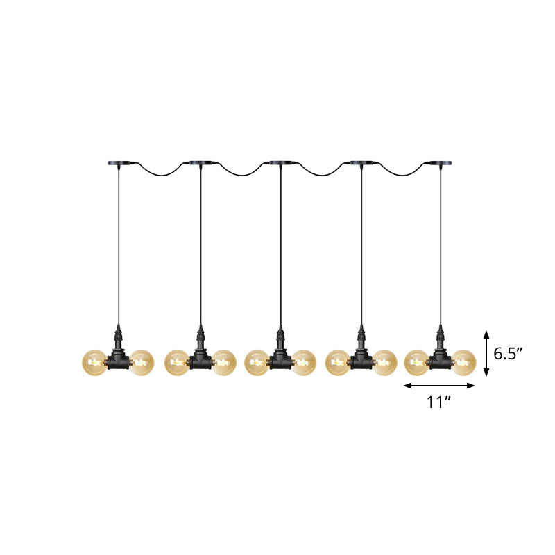 Black 6/10/14 Heads Multi Light Pendant Vintage Amber Glass Ball Tandem LED Suspension Lamp Clearhalo 'Ceiling Lights' 'Close To Ceiling Lights' 'Glass shade' 'Glass' 'Industrial Pendants' 'Industrial' 'Middle Century Pendants' 'Pendant Lights' 'Pendants' 'Tiffany' Lighting' 738961