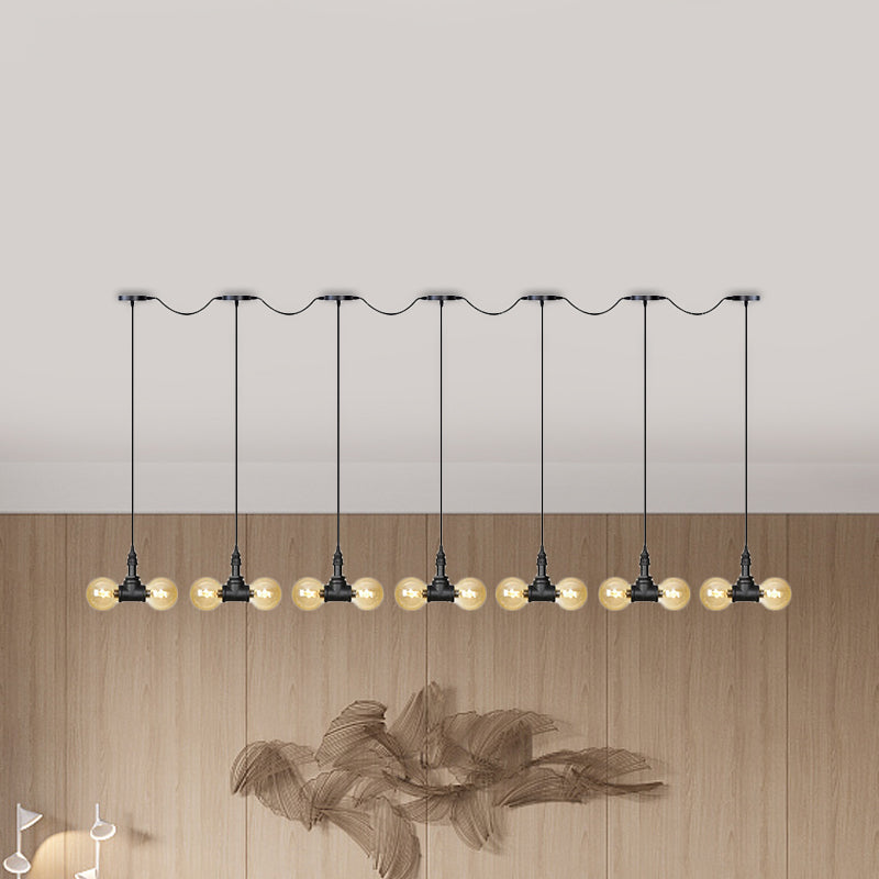 Black 6/10/14 Heads Multi Light Pendant Vintage Amber Glass Ball Tandem LED Suspension Lamp Clearhalo 'Ceiling Lights' 'Close To Ceiling Lights' 'Glass shade' 'Glass' 'Industrial Pendants' 'Industrial' 'Middle Century Pendants' 'Pendant Lights' 'Pendants' 'Tiffany' Lighting' 738963