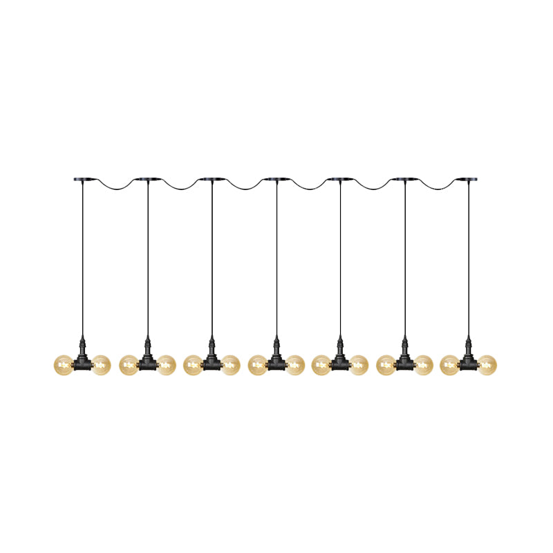 Black 6/10/14 Heads Multi Light Pendant Vintage Amber Glass Ball Tandem LED Suspension Lamp Clearhalo 'Ceiling Lights' 'Close To Ceiling Lights' 'Glass shade' 'Glass' 'Industrial Pendants' 'Industrial' 'Middle Century Pendants' 'Pendant Lights' 'Pendants' 'Tiffany' Lighting' 738964