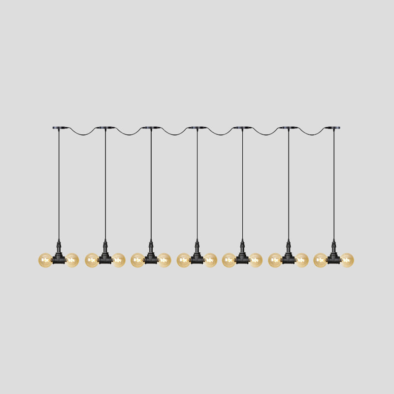 Black 6/10/14 Heads Multi Light Pendant Vintage Amber Glass Ball Tandem LED Suspension Lamp Clearhalo 'Ceiling Lights' 'Close To Ceiling Lights' 'Glass shade' 'Glass' 'Industrial Pendants' 'Industrial' 'Middle Century Pendants' 'Pendant Lights' 'Pendants' 'Tiffany' Lighting' 738965
