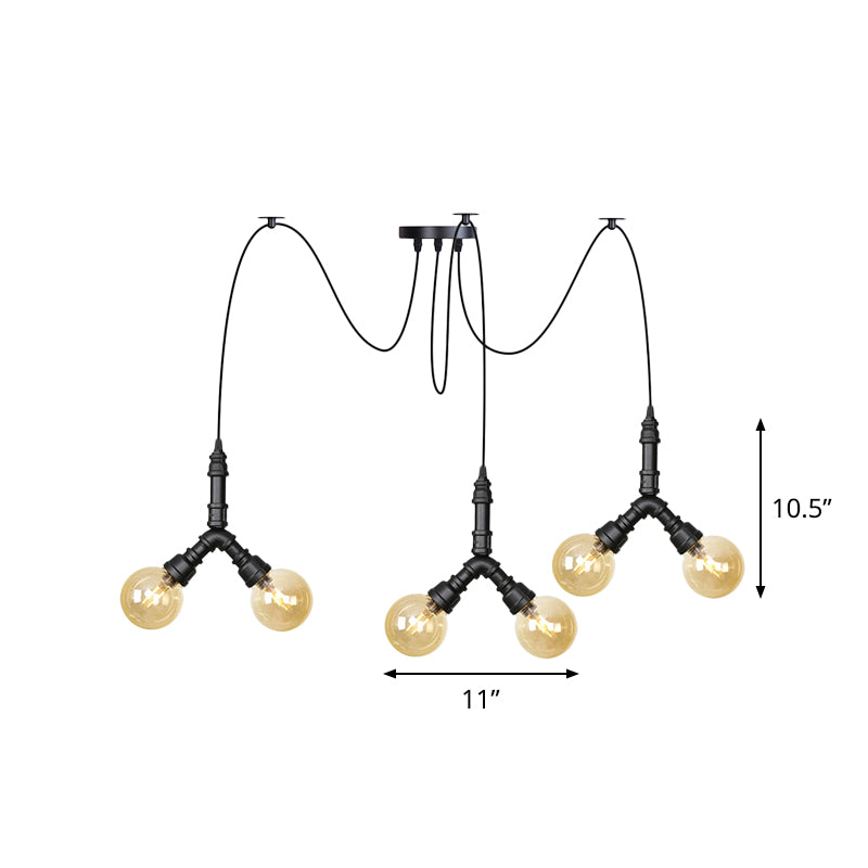 Amber Glass Globe Swag Multi Ceiling Light Industrial 4/6/12 Lights Restaurant LED Pendulum Lamp in Black Clearhalo 'Ceiling Lights' 'Glass shade' 'Glass' 'Industrial Pendants' 'Industrial' 'Middle Century Pendants' 'Pendant Lights' 'Pendants' 'Tiffany' Lighting' 738975