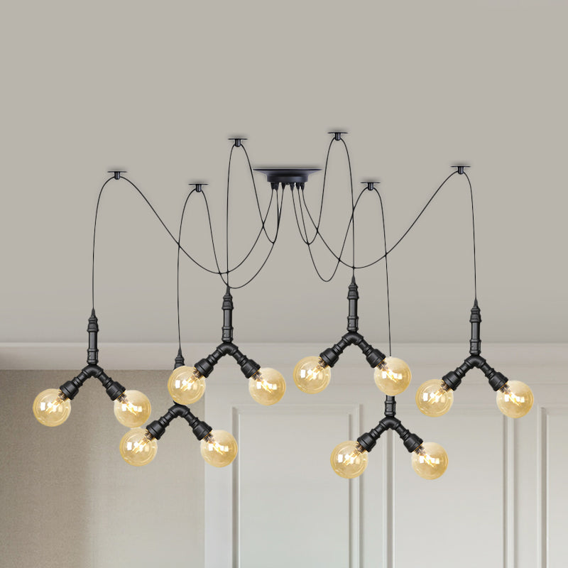 Amber Glass Globe Swag Multi Ceiling Light Industrial 4/6/12 Lights Restaurant LED Pendulum Lamp in Black Clearhalo 'Ceiling Lights' 'Glass shade' 'Glass' 'Industrial Pendants' 'Industrial' 'Middle Century Pendants' 'Pendant Lights' 'Pendants' 'Tiffany' Lighting' 738977