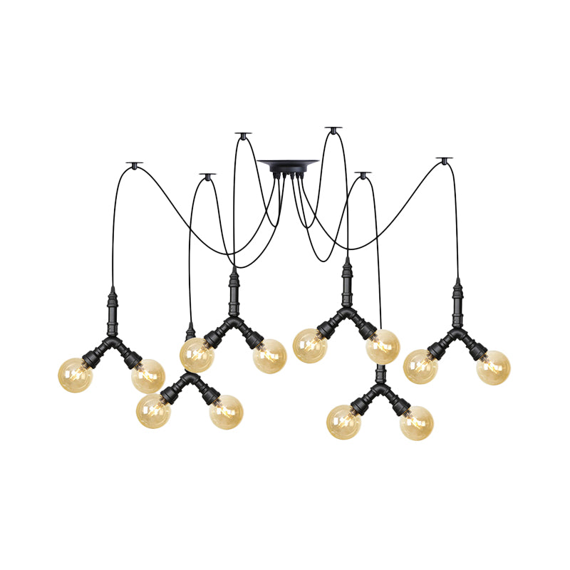 Amber Glass Globe Swag Multi Ceiling Light Industrial 4/6/12 Lights Restaurant LED Pendulum Lamp in Black Clearhalo 'Ceiling Lights' 'Glass shade' 'Glass' 'Industrial Pendants' 'Industrial' 'Middle Century Pendants' 'Pendant Lights' 'Pendants' 'Tiffany' Lighting' 738978
