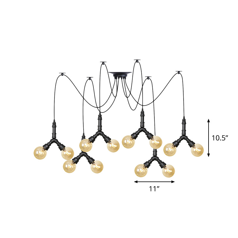 Amber Glass Globe Swag Multi Ceiling Light Industrial 4/6/12 Lights Restaurant LED Pendulum Lamp in Black Clearhalo 'Ceiling Lights' 'Glass shade' 'Glass' 'Industrial Pendants' 'Industrial' 'Middle Century Pendants' 'Pendant Lights' 'Pendants' 'Tiffany' Lighting' 738980