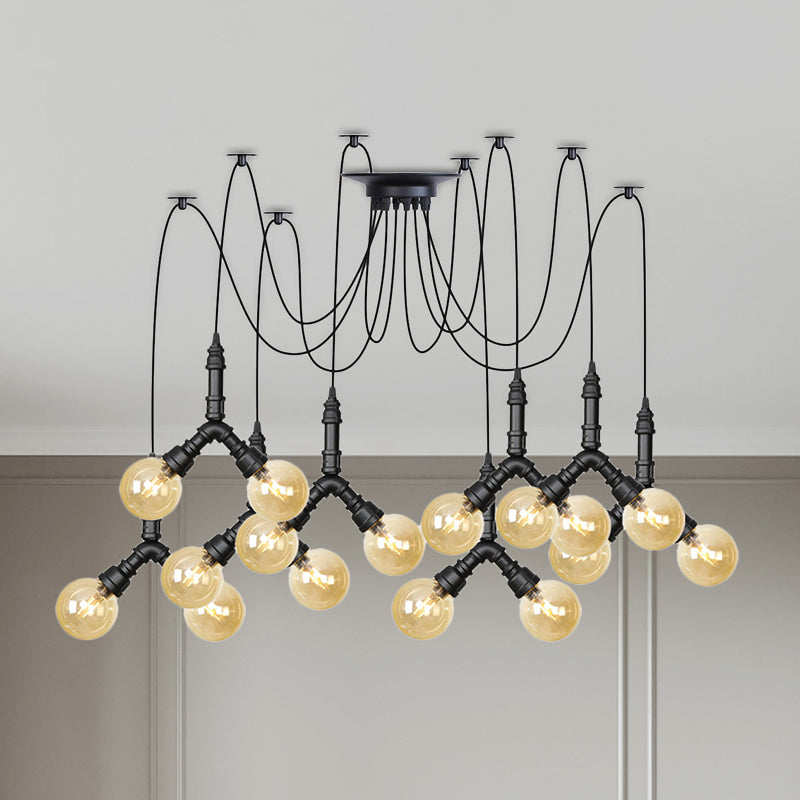 Amber Glass Globe Swag Multi Ceiling Light Industrial 4/6/12 Lights Restaurant LED Pendulum Lamp in Black Clearhalo 'Ceiling Lights' 'Glass shade' 'Glass' 'Industrial Pendants' 'Industrial' 'Middle Century Pendants' 'Pendant Lights' 'Pendants' 'Tiffany' Lighting' 738982