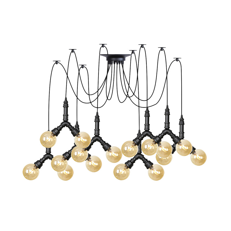 Amber Glass Globe Swag Multi Ceiling Light Industrial 4/6/12 Lights Restaurant LED Pendulum Lamp in Black Clearhalo 'Ceiling Lights' 'Glass shade' 'Glass' 'Industrial Pendants' 'Industrial' 'Middle Century Pendants' 'Pendant Lights' 'Pendants' 'Tiffany' Lighting' 738983