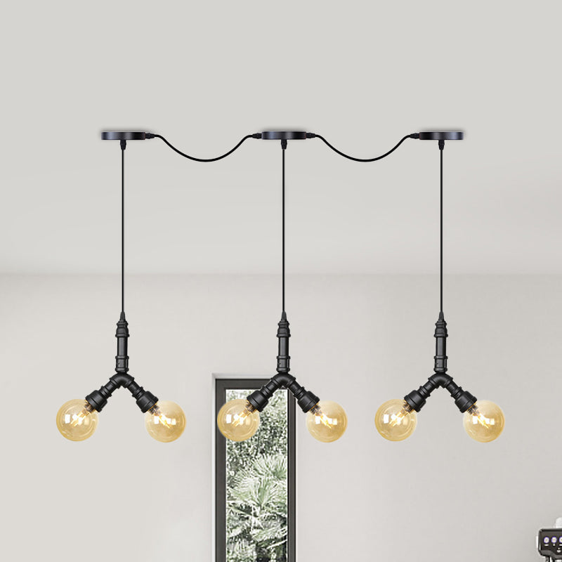 Vintage Sphere LED Multi Lamp Pendant 6/10/14-Bulb Amber Glass Swag Hanging Light Fixture in Black 6 Black Clearhalo 'Ceiling Lights' 'Glass shade' 'Glass' 'Industrial Pendants' 'Industrial' 'Middle Century Pendants' 'Pendant Lights' 'Pendants' 'Tiffany' Lighting' 738986