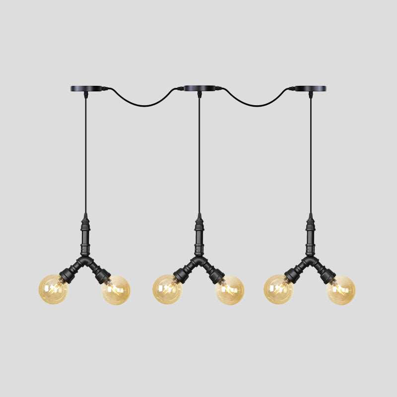Vintage Sphere LED Multi Lamp Pendant 6/10/14-Bulb Amber Glass Swag Hanging Light Fixture in Black Clearhalo 'Ceiling Lights' 'Glass shade' 'Glass' 'Industrial Pendants' 'Industrial' 'Middle Century Pendants' 'Pendant Lights' 'Pendants' 'Tiffany' Lighting' 738988