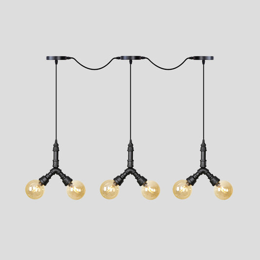 Vintage Sphere LED Multi Lamp Pendant 6/10/14-Bulb Amber Glass Swag Hanging Light Fixture in Black Clearhalo 'Ceiling Lights' 'Glass shade' 'Glass' 'Industrial Pendants' 'Industrial' 'Middle Century Pendants' 'Pendant Lights' 'Pendants' 'Tiffany' Lighting' 738988